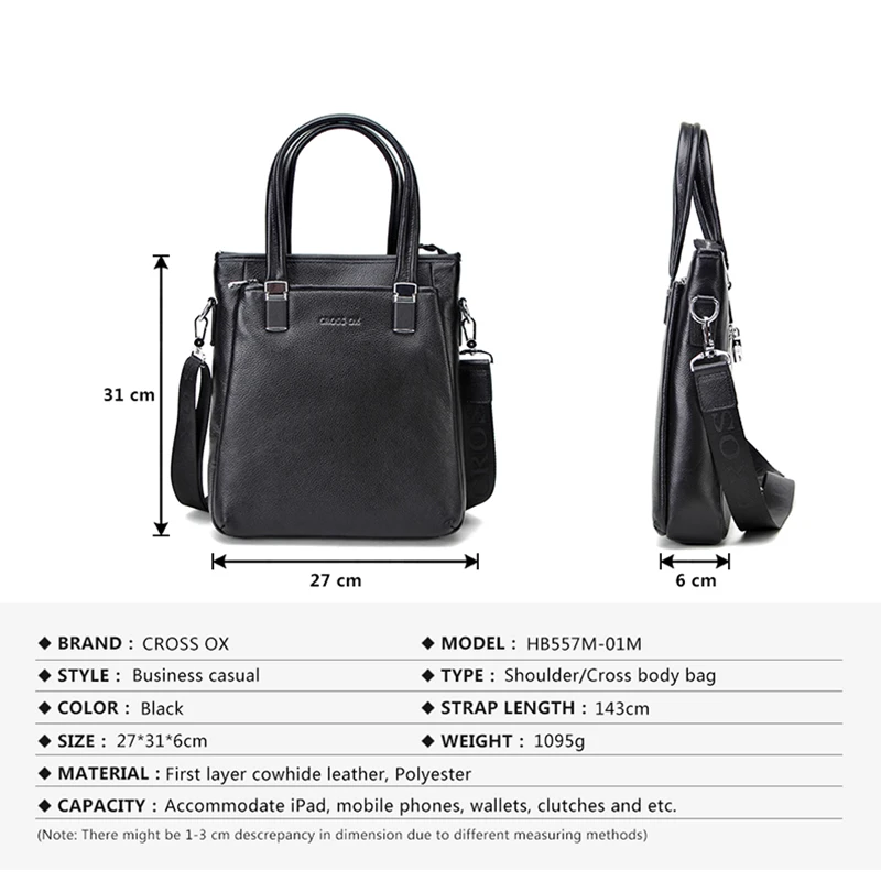CROSS OX Genuine Leather Men's Handbag Shoulder Bags For Men Vertical Style Messenger Bag Business Casual Portfolio HB557M |