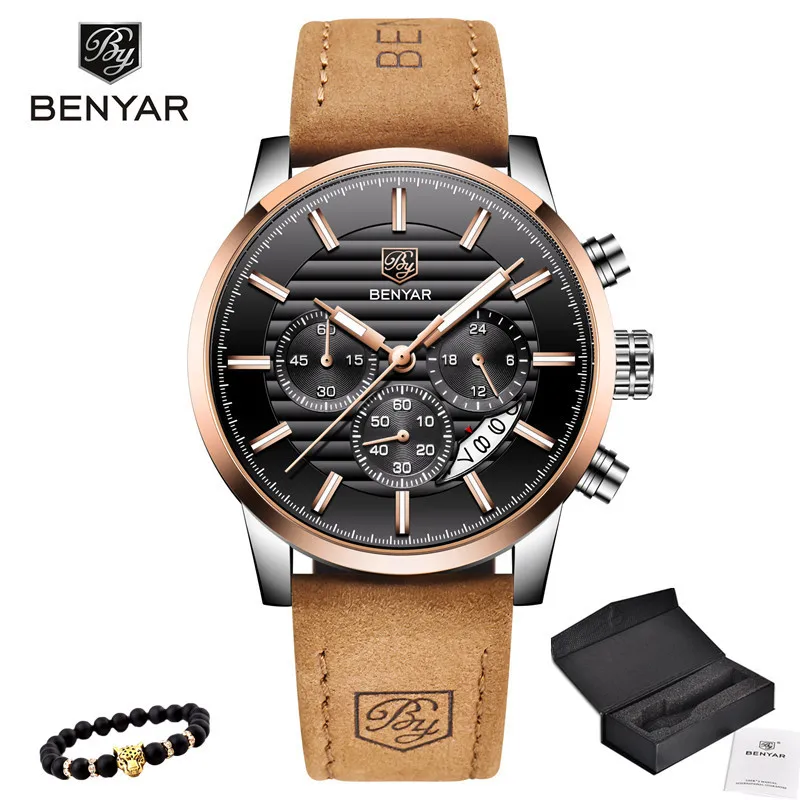 5104-Gold black BENYAR Топ бренд Роскошные мужские часы Повседневная мода Хронограф Спортивные военные кварцевые наручные часы Relogio Masculino - Цвет: 5104-Gold black