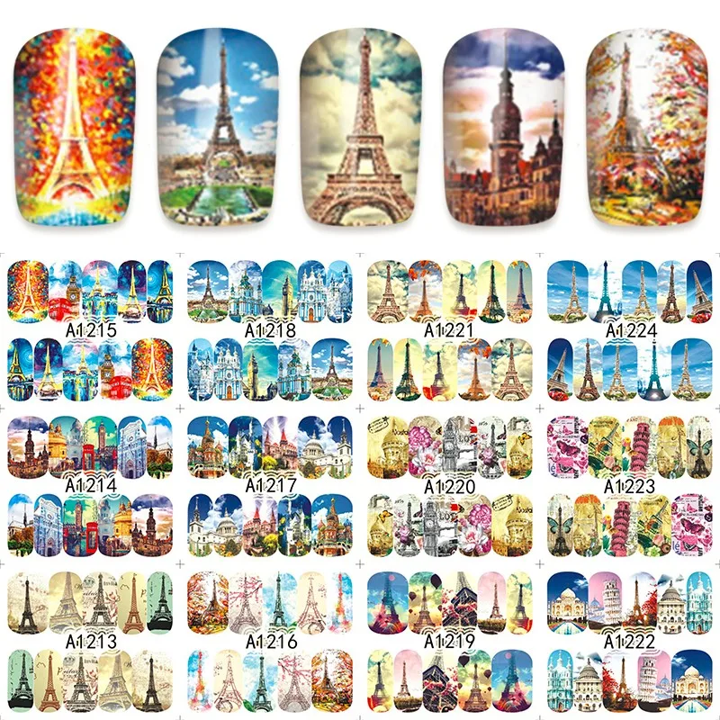 12 листов водных наклеек для дизайна ногтей Наклейка ползунок Татуировка полная