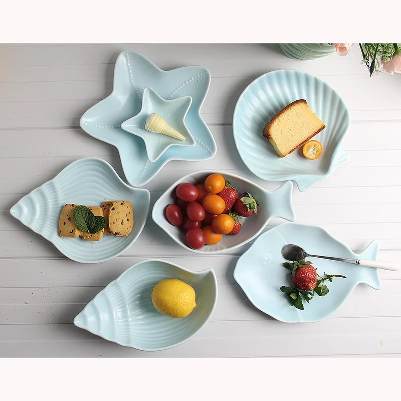 Dropshipping Kitchen Creative Lovely Oceaon Ceramic Plate Bowl Decorative Jewelry Trinke Storage Tray Blue Home Salad Dish 1pc