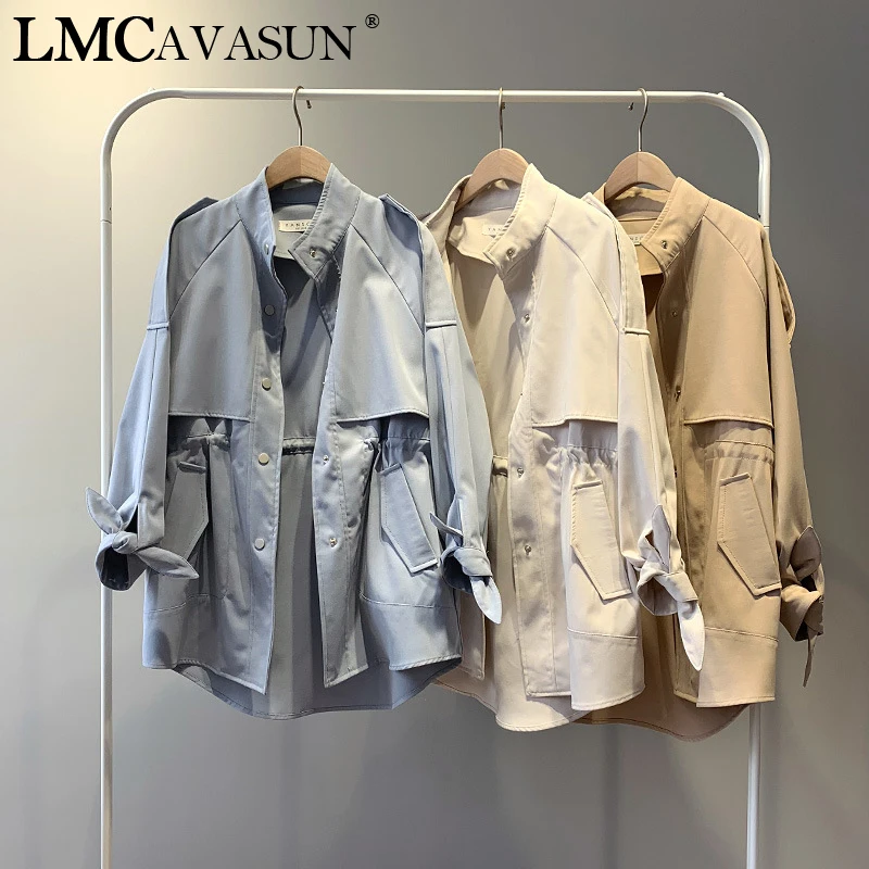LMCAVASUN, весенний женский плащ, однобортный, свободный, эластичный пояс, корейский стиль, Повседневный, Harajuku, длинное пальто, женские топы