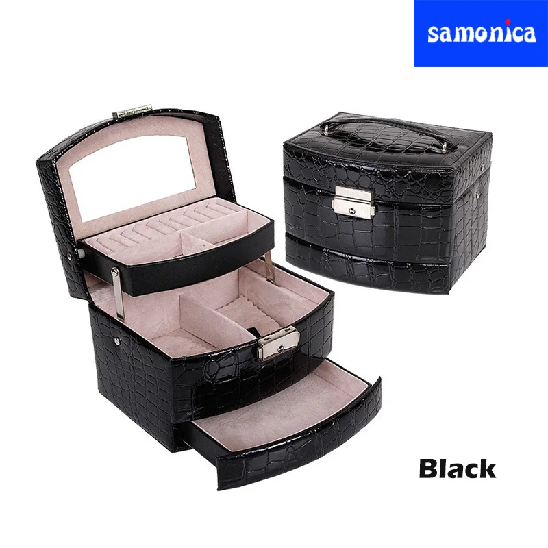 Black Крокодиловый узор многофункциональная полиуретановая шкатулка для украшений трехслойное Ожерелье Кольцо Серьги коробочка для украшений портативная дорожная незаменимая - Цвет: Black