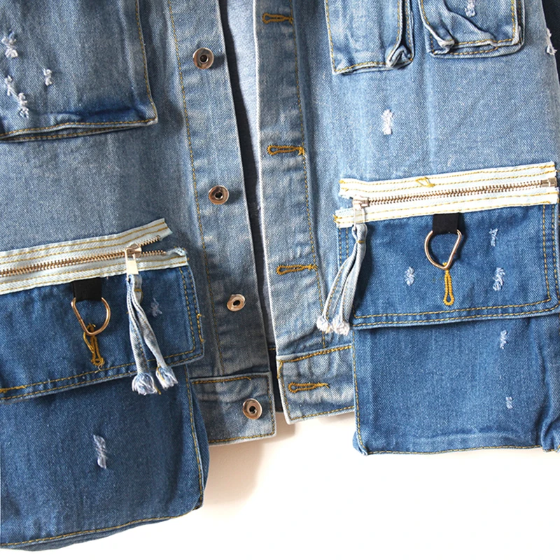 

Autumn Big Pocket Embroidery Denim Jacket Fashion Single Breasted Button Jeans Jackets Women Harajuku Vintage Holes Basic Coats