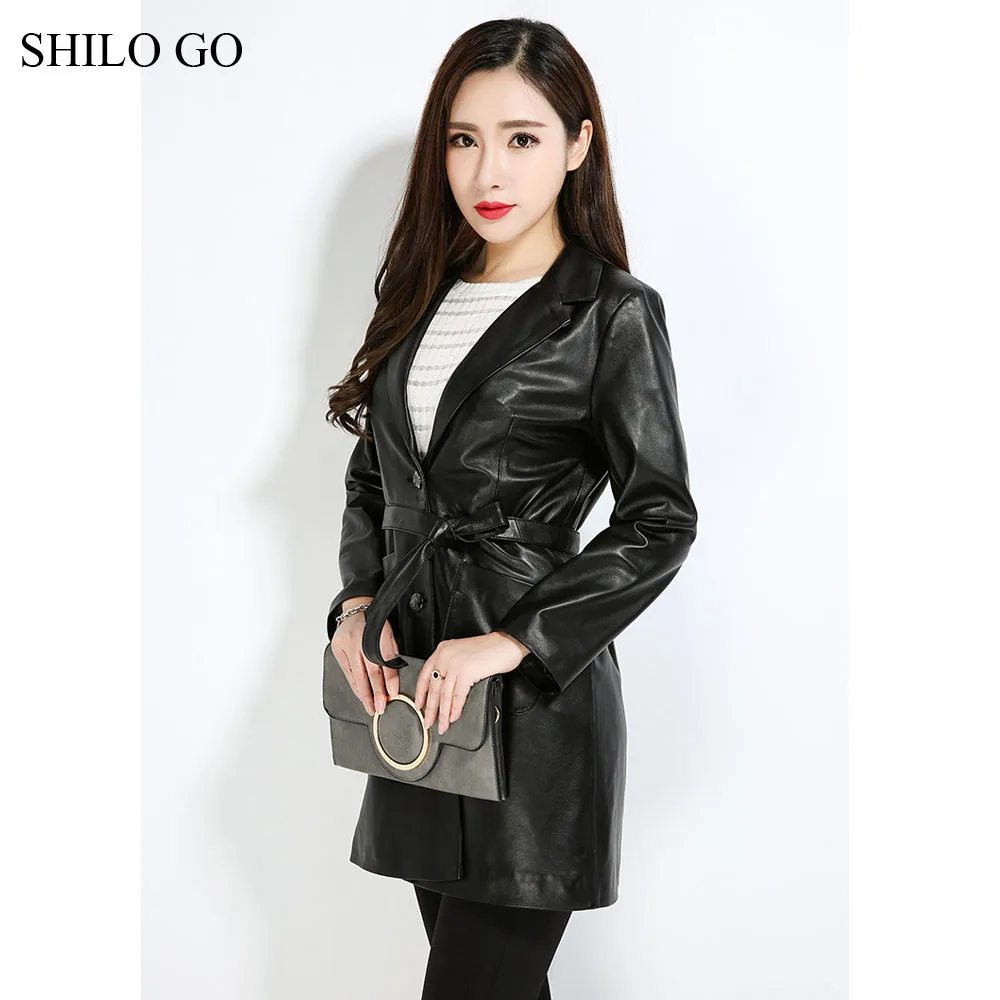 SHILO GO кожаный Тренч Женская Осенняя мода Овчина натуральная кожа пальто лаконичный лацкан и пояс офисное OL Черное длинное пальто