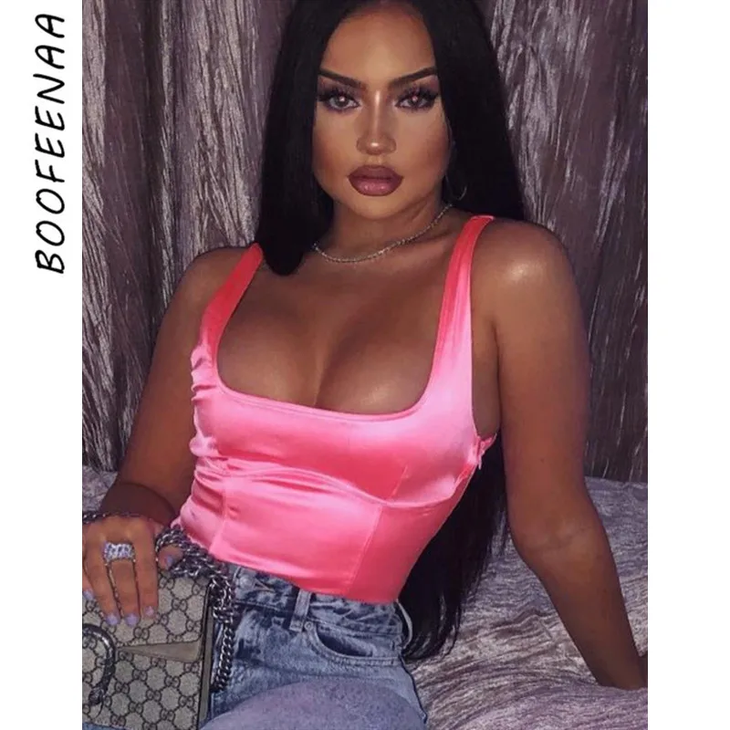 BOOFEENAA неоновый карамельный цвет атласный комбинезон без рукавов спинки женские