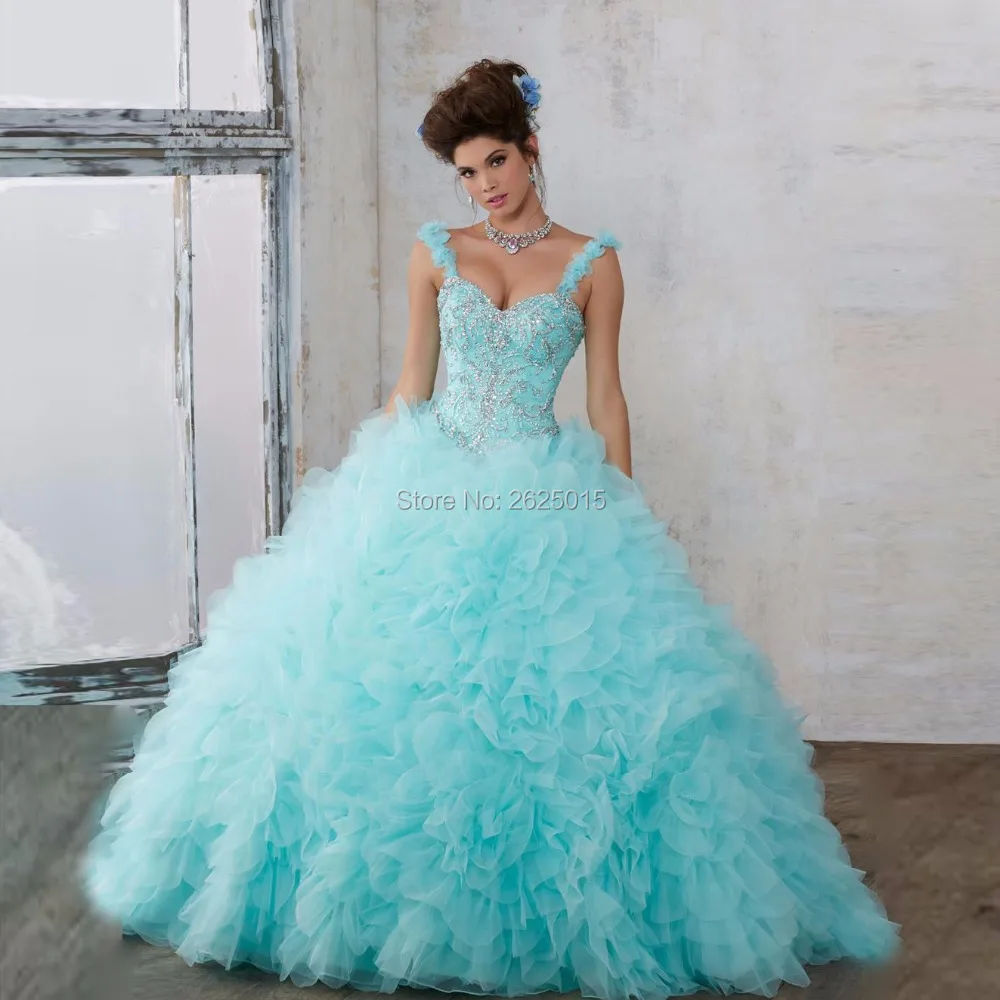 Пухлые Бисером Бальное платье Aqua Розовый Оборками Из Органзы Quinceanera Платья 2017