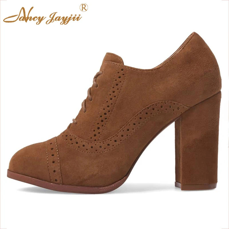 

Brown Lace Up Ankle Oxford Boots Spring Booties Round Toe 4 Inch Chunky Heels Plus Size 15 16 Customization Women Shoes 2021