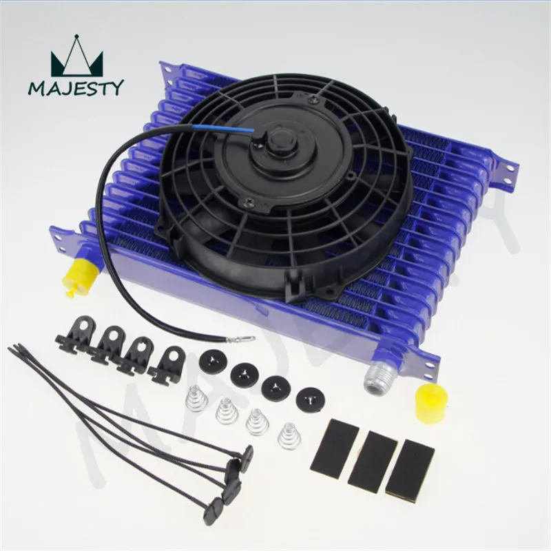Universal 15 Row engine Transmission 10AN Oil Cooler kit +7&quot Electric Fan Kit BL |