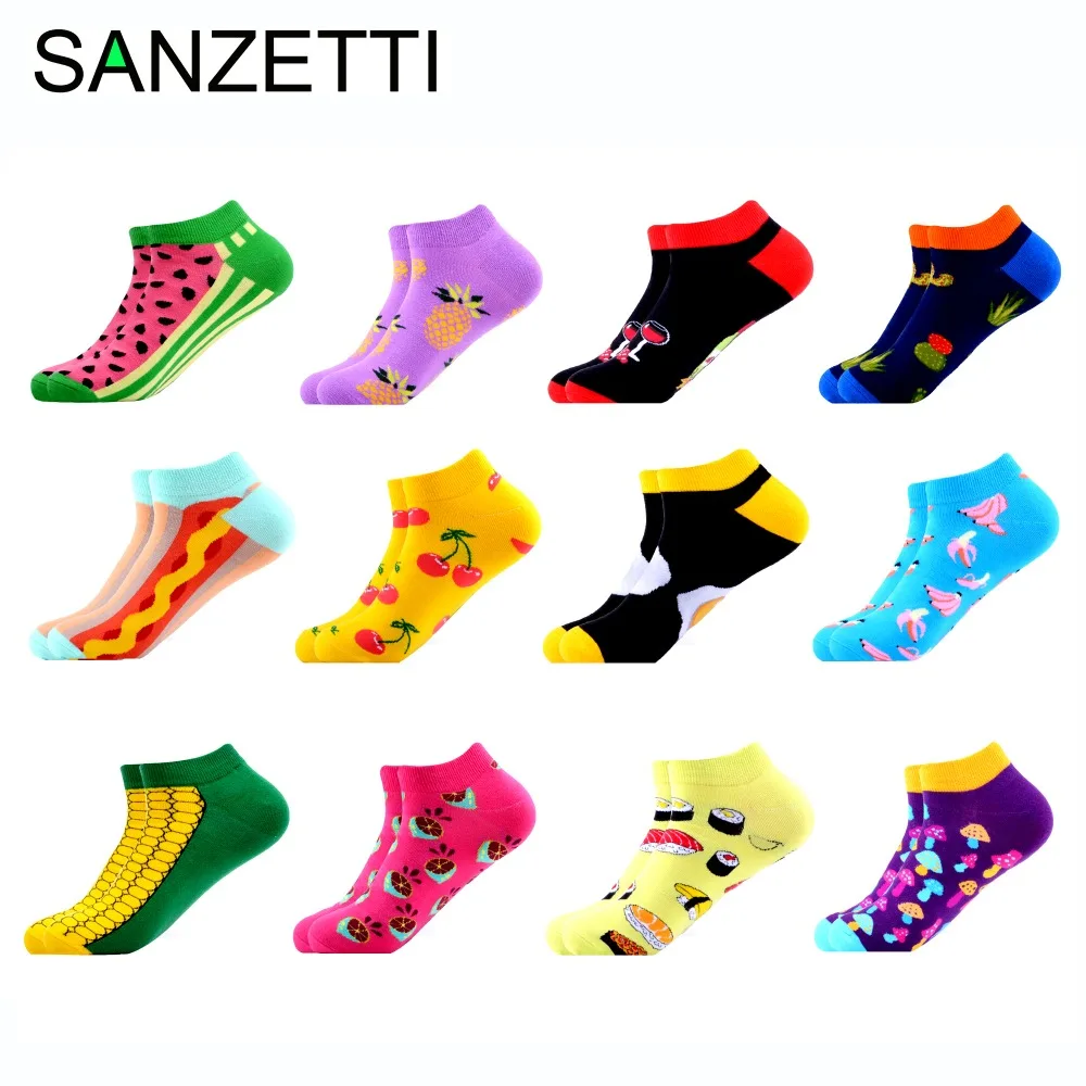 SANZETTI/12 пар в партии, женские летние повседневные разноцветные безбортные носки, хлопковые короткие Носки с рисунком, подарочные носки