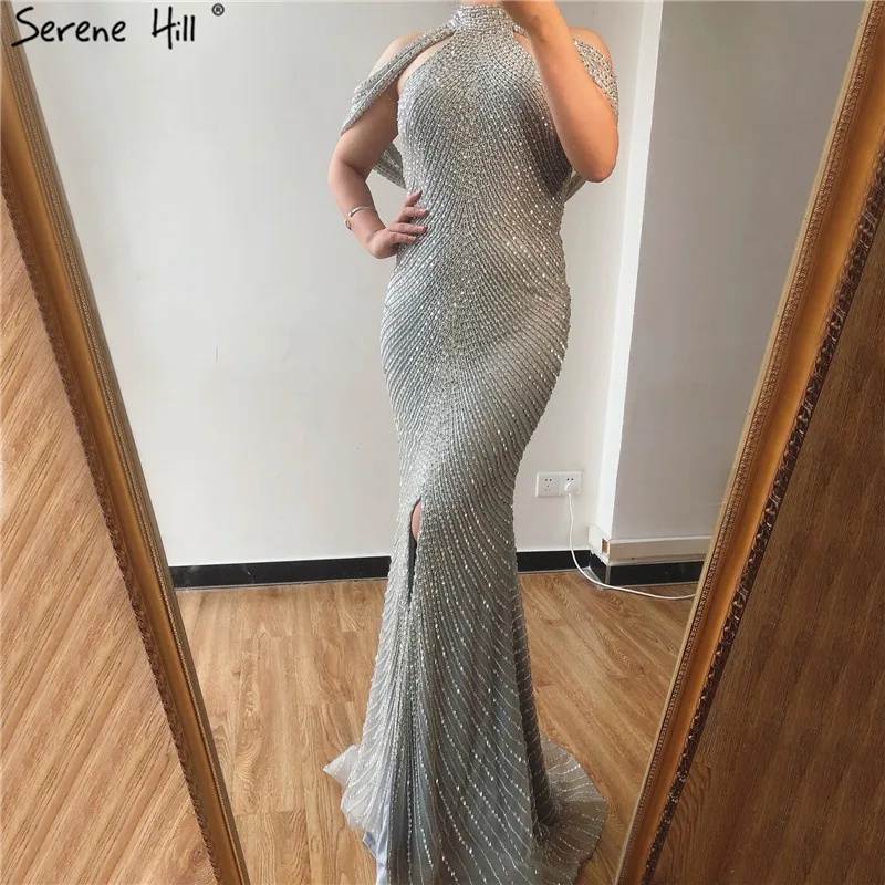 2021 серое вечернее платье русалки с высоким воротником роскошное без рукавов