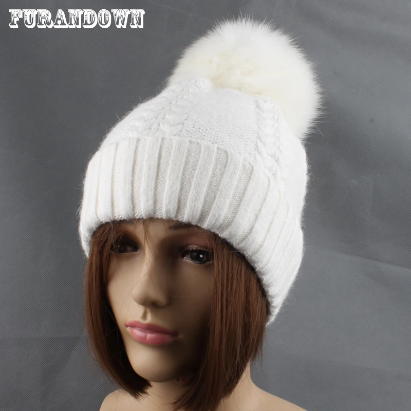 Женская Зимняя кепка с помпоном из лисьего меха вязаная шапка кашемира и шерсти