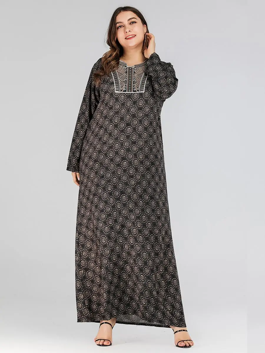 Muslim Women Maxi Dress Abaya Printed Vintage Long Robe Jilbab Party Kaftan Sleeve Gown Islamic Clothing Loose Plus Size | Тематическая
