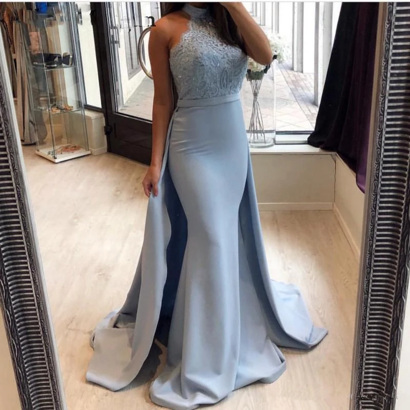 

Detachable Long Mermaid Prom Dresses New Sleeveless Lace High Neck Floor Length Sleeveless Formal Evening Gowns Party