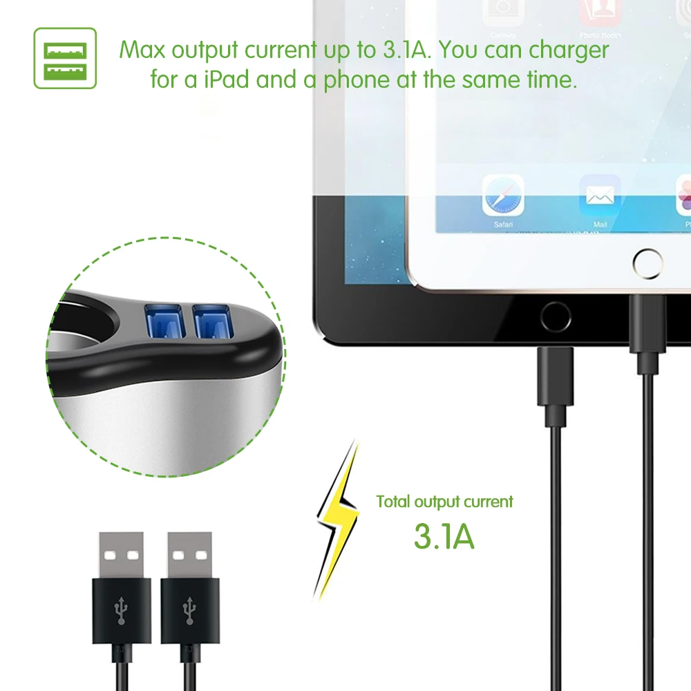 Универсальное автомобильное зарядное устройство Onever с двумя USB портами 3 1 А 12 24