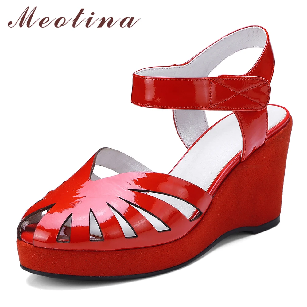 

Meotina Summer Shoes Women Sandals Natural Genuine Leather Wedges High Heel Wedding Shoes Patent Cow Leather Cutout Sandals Red