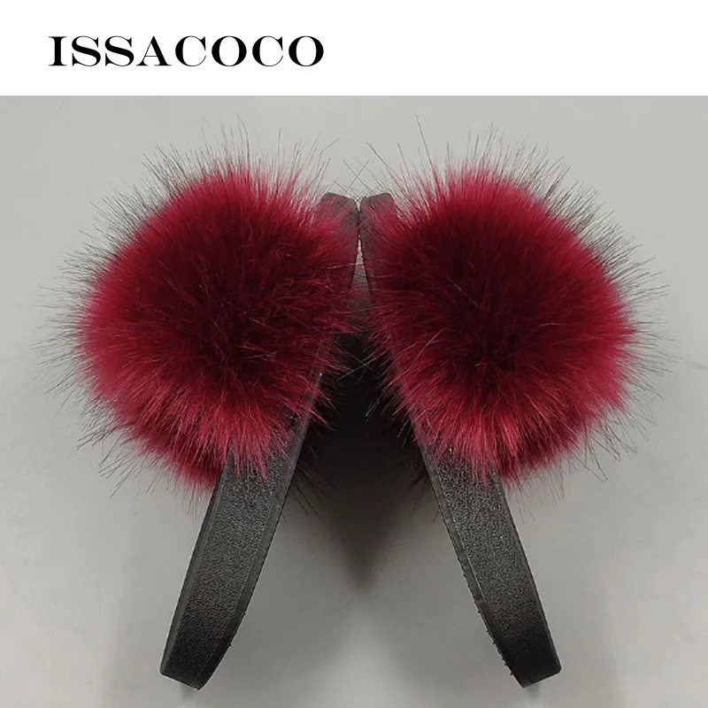 ISSACOCO/женские шлепанцы из натурального Лисьего меха; женские нескользящие пушистые меховые тапочки; женские пушистые тапочки; милые плюшевые тапочки с лисьим мехом