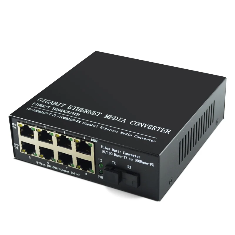1 пара интерфейс SC и 8 портов RJ45 Ethernet Swltch преобразователь 10/100M одноволоконный