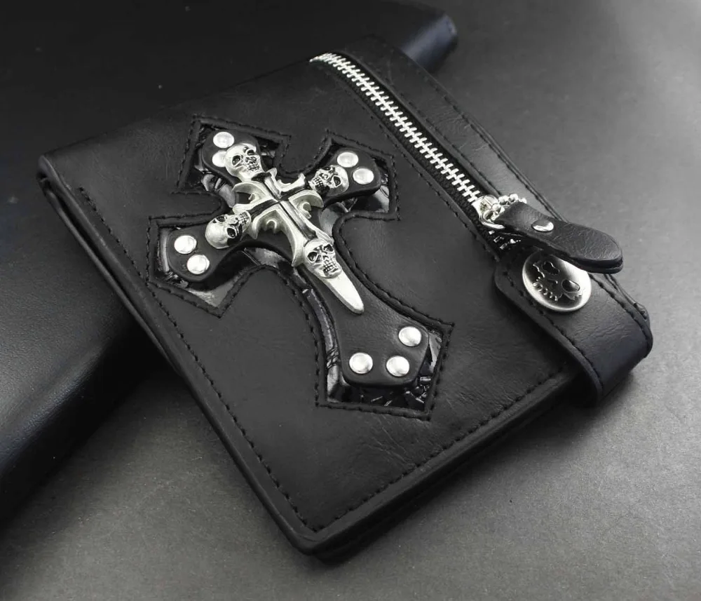 Новый мужской кожаный бумажник в ковбойском стиле с черепами и крестом|leather