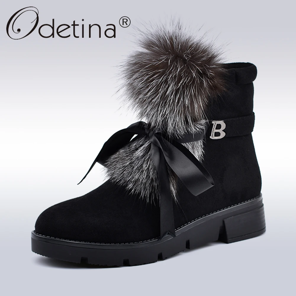 Odetina Новая Мода Стадо Кожа Лисий Мех Снегоступы Женщины Платформа Толстые