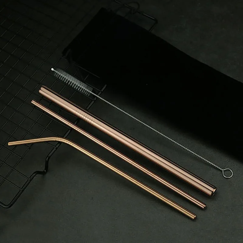 Rose gold 4 шт 304 нержавеющей стали соломинки набор многоразовые металлические соломинки для питья набор соломинок с кистью и сумкой для дома вечерние аксессуары для коктейлей - Цвет: Rose gold