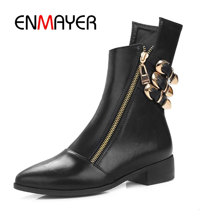 

ENMAYER Classics Front Zip Buckle Decoration Short Motorcycle Boots Low Square Heel Autumn Winter Boots Pointed Toe Women CR394