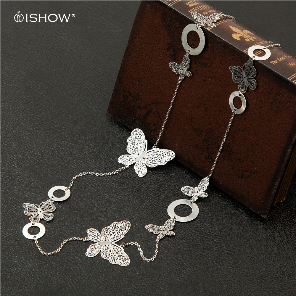 90 см серебро Цепочки и ожерелья бабочка филигрань Винтаж Colar Медь Kolye длинные Boho