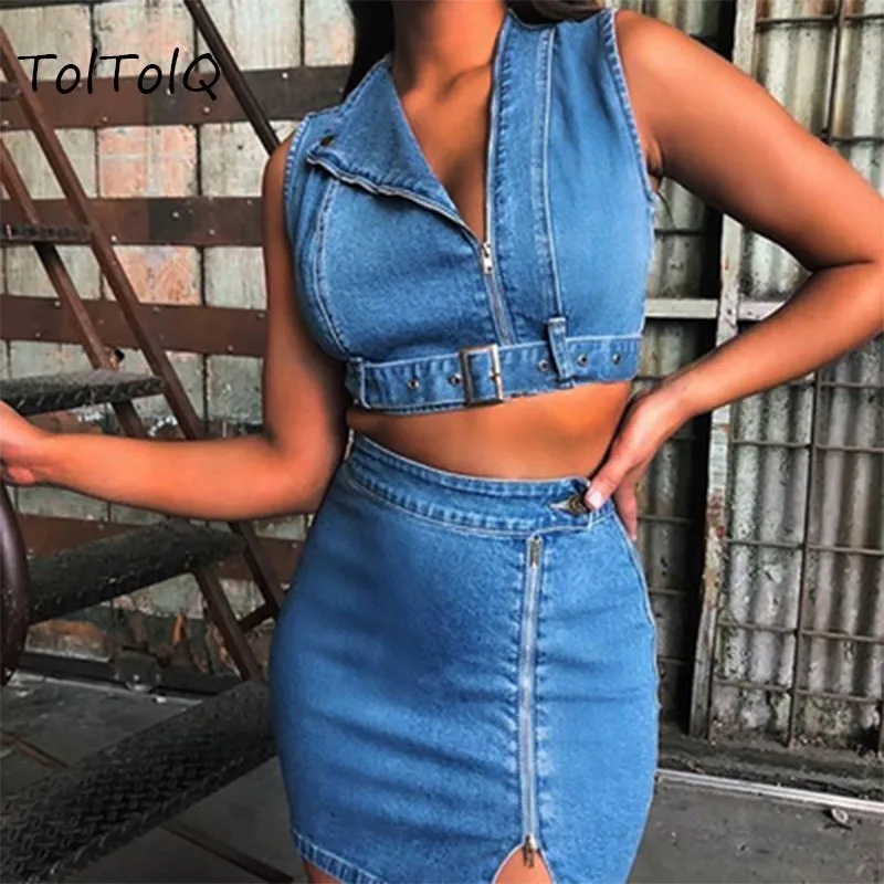 Fuedage сексуальный Джинсовый комплект из двух предметов глубокий v-образный вырез