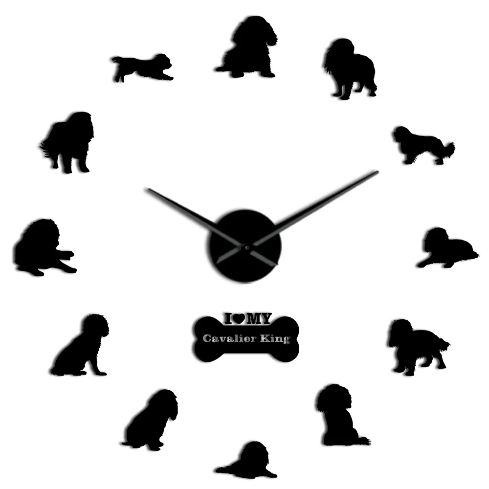 Black Cavalier King Charles Spaniel DIY Wall Art Home Decor DIY Oversized Wall Clock Dog Breed Frameless Wall Clock Dog Memorial Gift - Цвет: Black