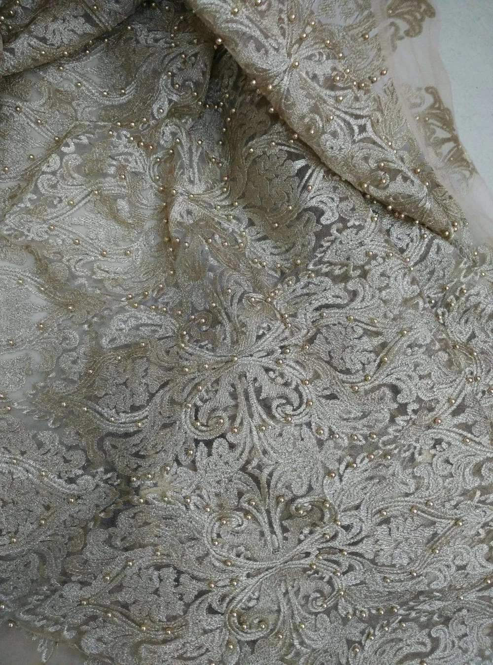 Золотистый белый тюль французская кружевная ткань с жемчугом и бусинами