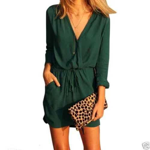 

Sexy Women V Neck Evening Party Dress Long Sleeve Slim Casual Summer Mini Dress