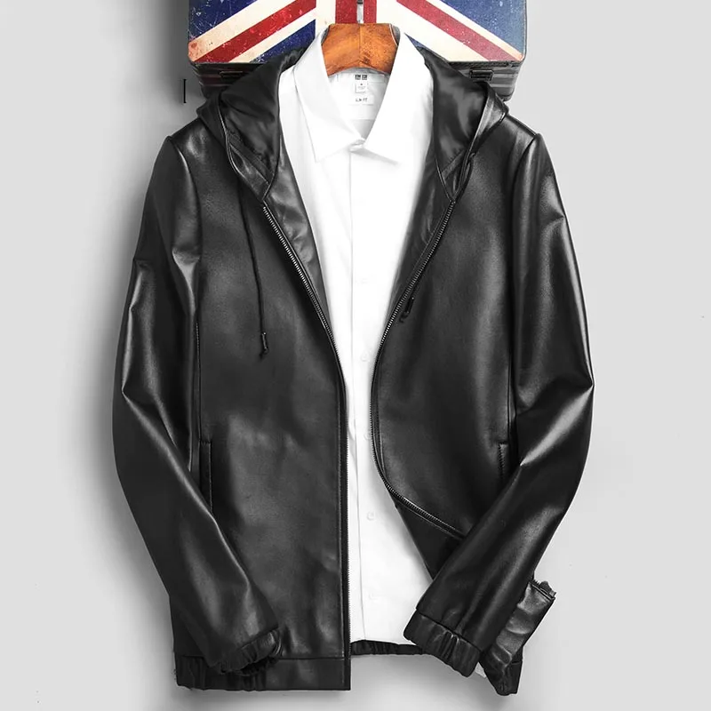 

Natural sheepskin leather jacket men hooded zipper slim real leather casual coat for spring and autumn plus size
