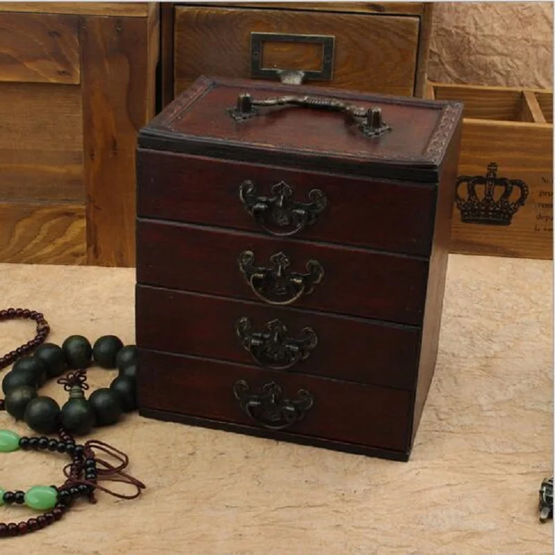 Деревянная шкатулка коробка для украшений с четырьмя уровнями ящика в стиле