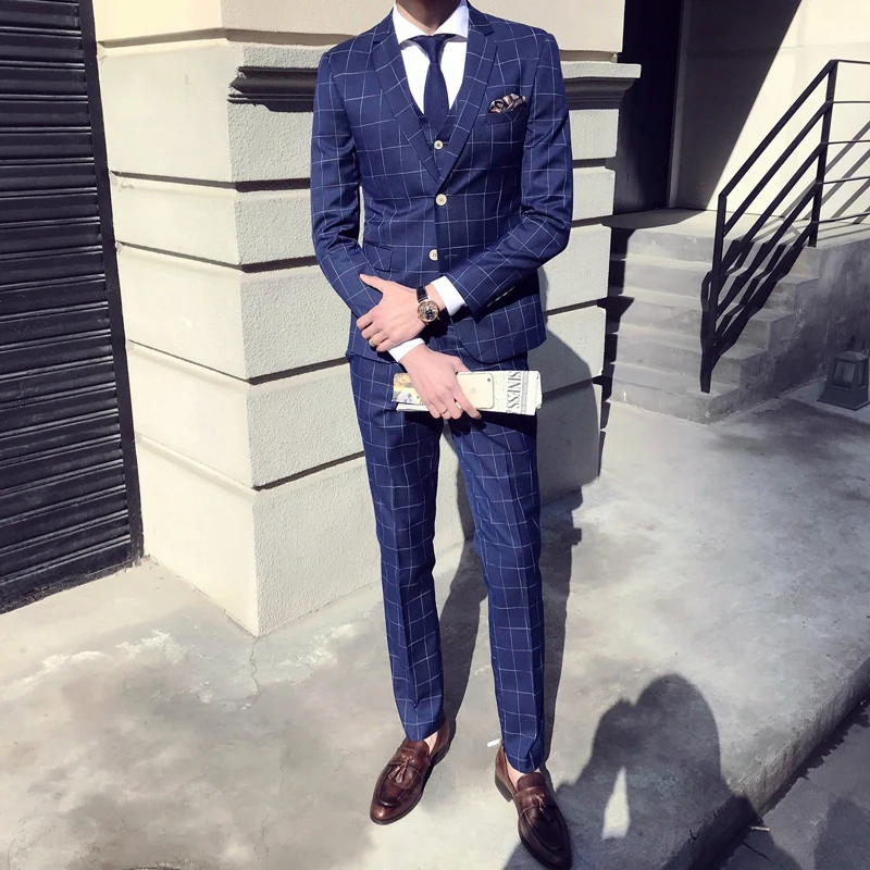2019 Two Buttons Plaid Stripe Men Skinny Business Casual Suits Custom Made Smoking Costume Homme Wedding Tuxedo | Мужская одежда