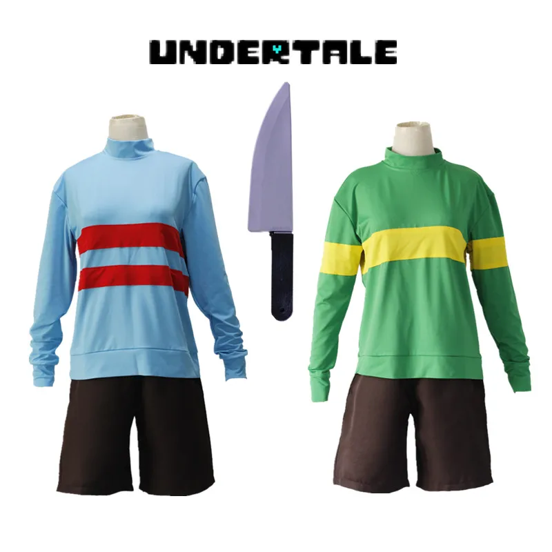 Костюмы на Хэллоуин, игра Undertale Chara Frisk, костюмы для косплея, зеленый, синий, спортивная одежда, нож в комплекте, полный комплект