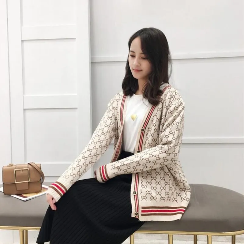 

2018 new jacquard letter double g medium-long cardigan sweater women's lazy style relaxed casual large thick coat