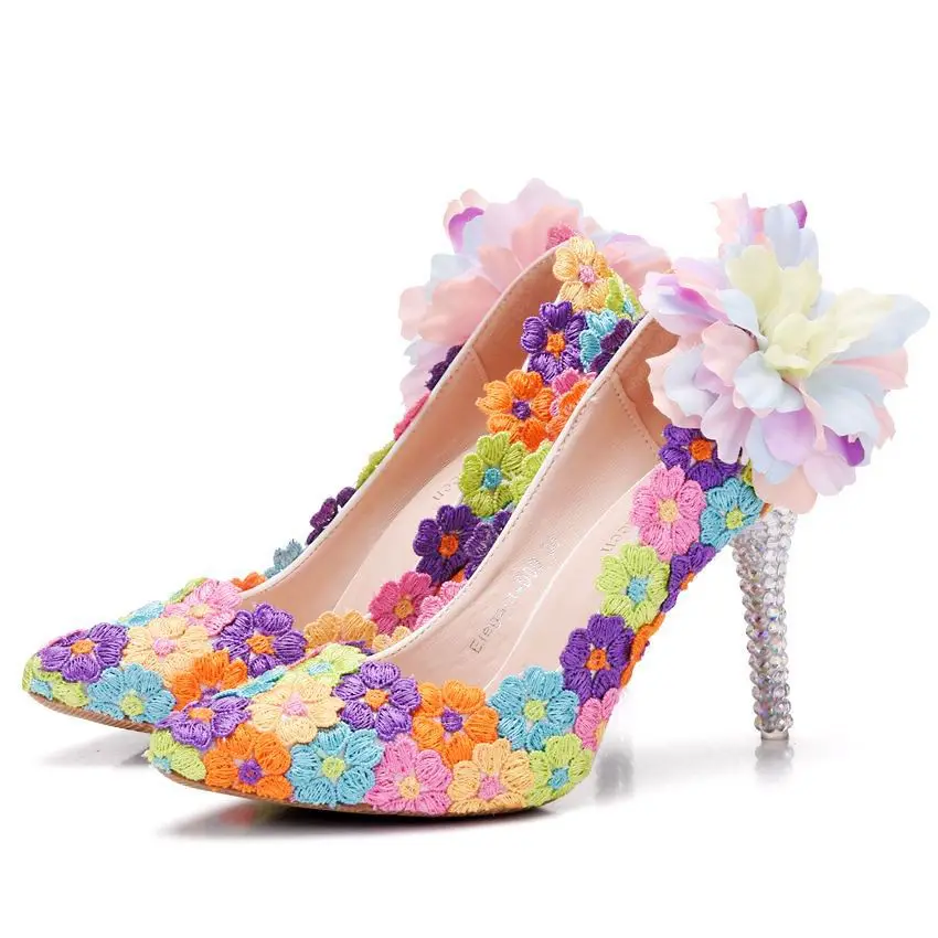 

Coloured lace pointed high heel wedding shoes Sexy fine heel stage shoes Foreign trade large size single shoes female pointed