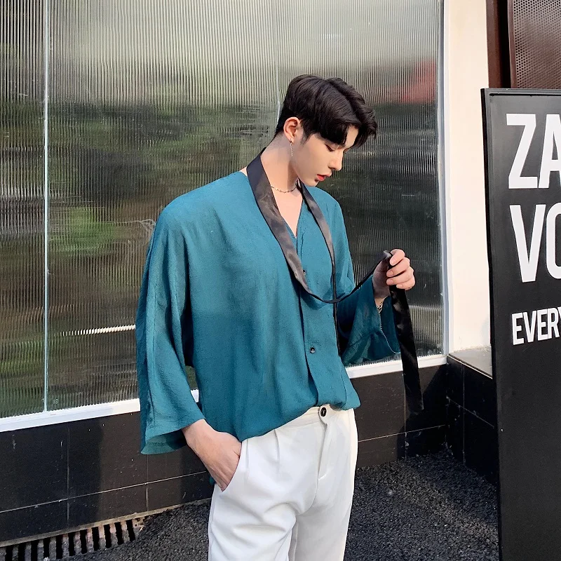 

M-XL!!Summer designer tie belts seven-point sleeve V-neck loose shirt tide brand men's bat sleeve shirt thin.
