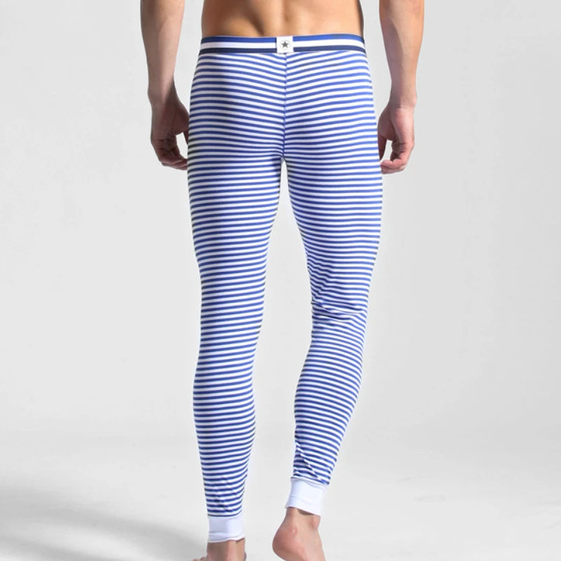 Зимнее осеннее мужское хлопковое термобелье полосатые кальсоны теплые