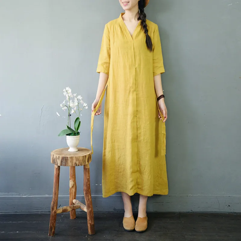 Summer Dress 2019 Elegant Women Deep V Neck Fashion With Sashes Loose Vintage Linen Maxi Spliced Fixed Button Pocket | Женская одежда