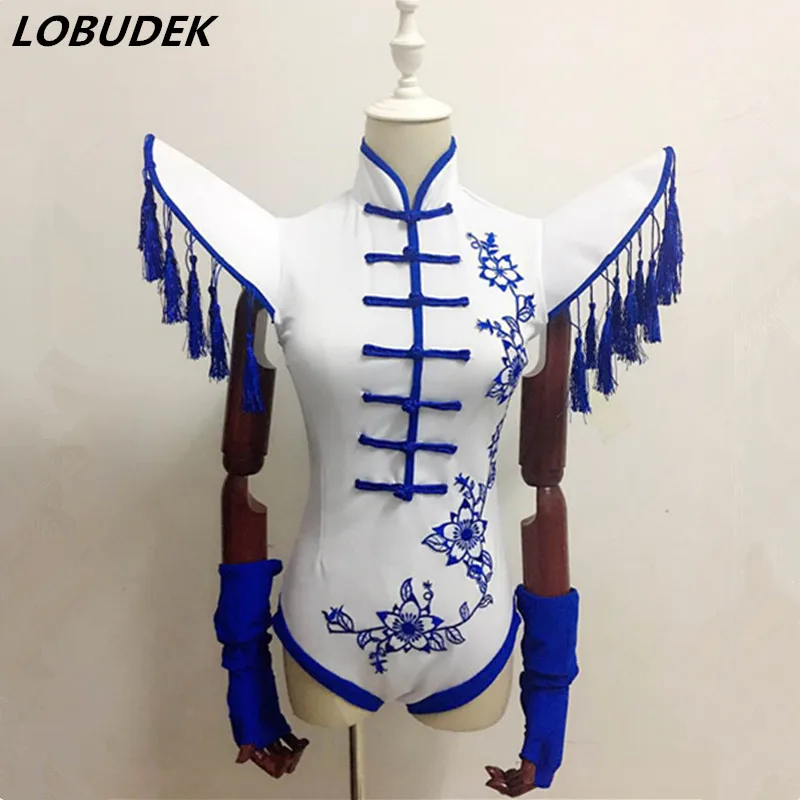 Женский Джаз сценическое боди костюмы Синие кисточки сексуальная одежда для