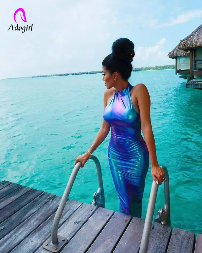 Яркая ПУ кожа Bodycon миди платье женское сексуальное Холтер без Рукавов