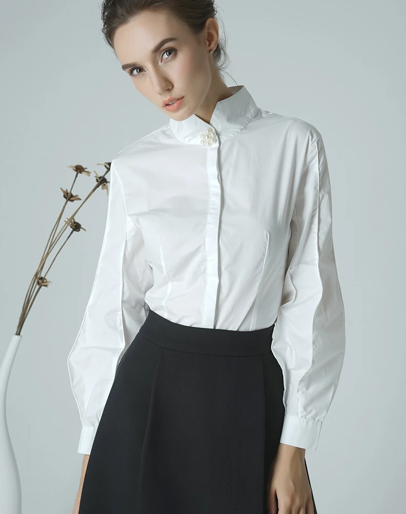 Элегантная белая блузка, хлопок, Женский Топ, фонарь, длинный рукав, расшитая бисером, рубашка со стоячим воротником, весна-осень, офисная, рабочая одежда, блузки