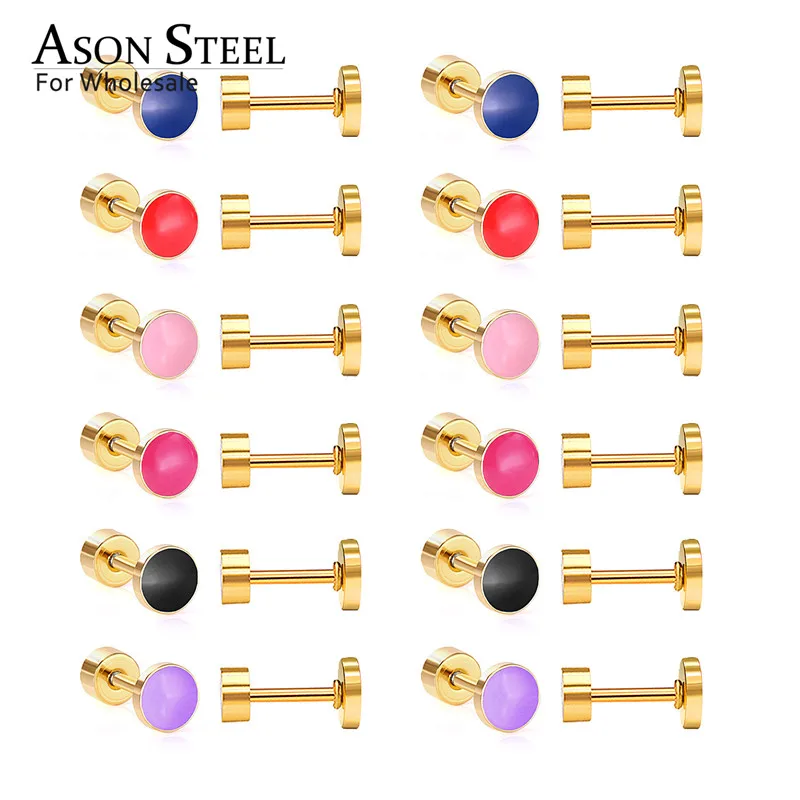 

ASONSTEEL Unique Style Red/Blue/Pink/Black/Purple/Rose Red Round Screw Stud Earring Sets 12pairs/lot Stainless Steel Ear Piercin