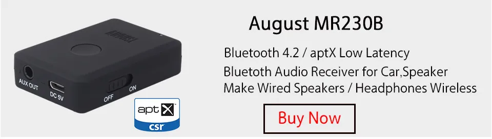 Bluetooth-приемник звука August MR230B_B с технологией aptX Low Latency и аудиовыходом 3.5 мм для автомобиля, колонок