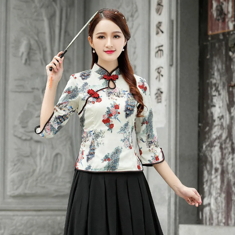 Весенняя и Летняя шелковая блуза Cheongsam, улучшенный винтажный традиционный костюм Tang, топы, женская Китайская одежда - Цвет: Yellow