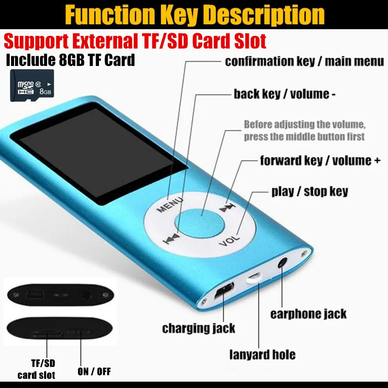 1," TFT lcd Mp3 музыкальный плеер fm-рекордер с внешней вставкой 8G TF слот HIFI Sport Walkman Aux muziek цифровые плееры+ ридер