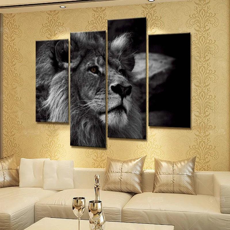 

Lion Head Portrait Wall Art Painting Black And White Gray Pictures Print On Canvas 4 Panels Modern Animal Picture For Decoration