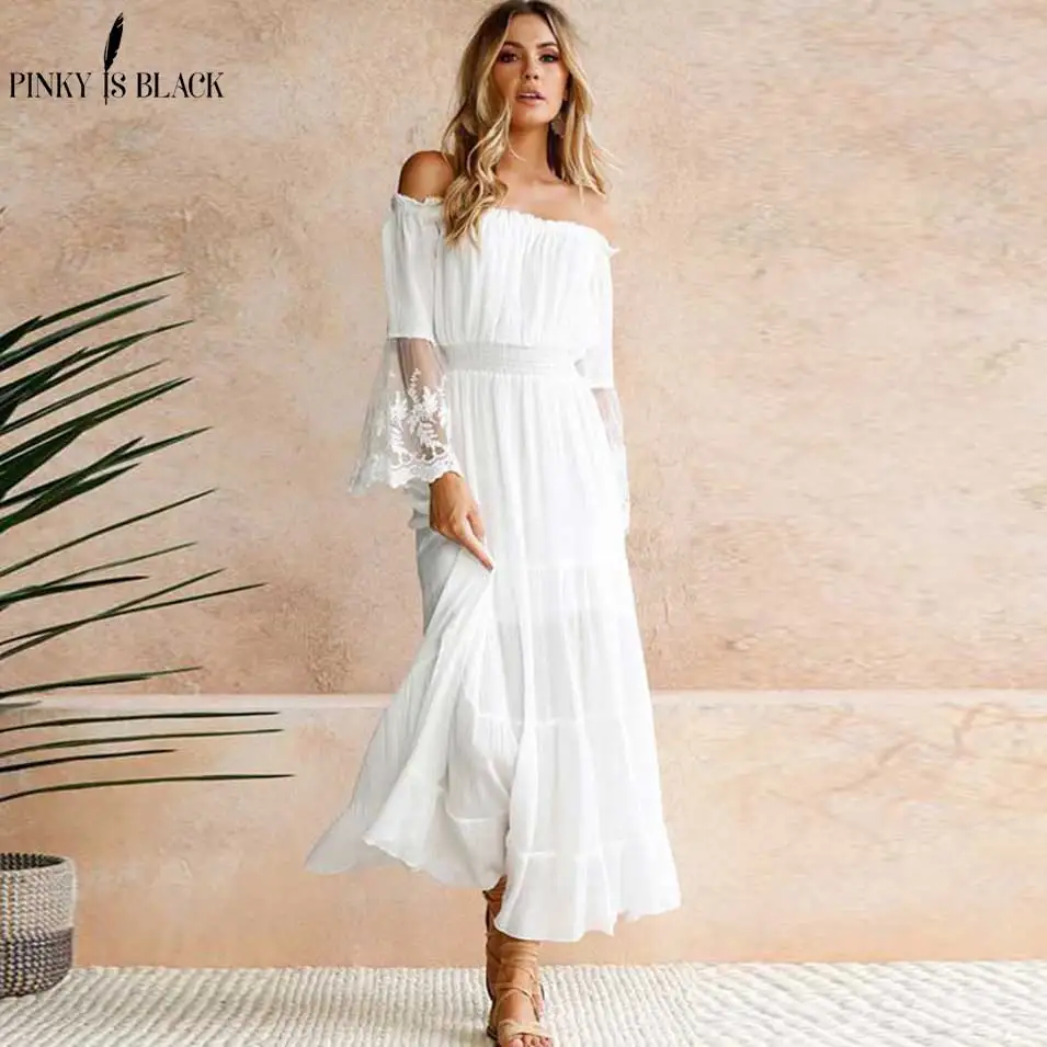 Женское летнее платье в стиле бохо с открытыми плечами и рукавом фонариком|vestido