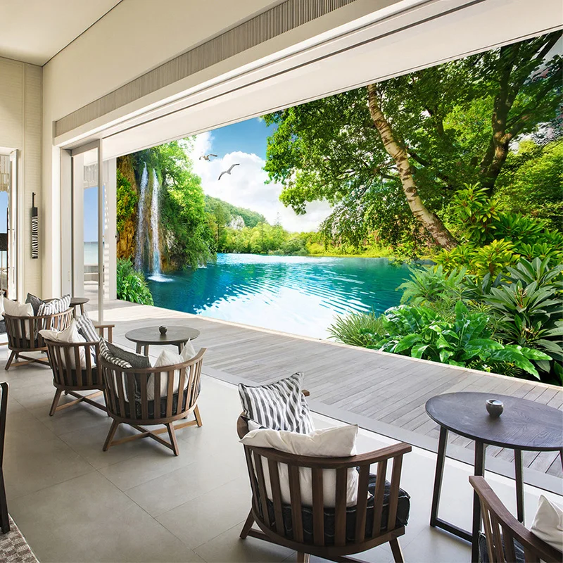 3D зеленые обои с водопадом природой пейзажем фото тканевые для гостиной домашний