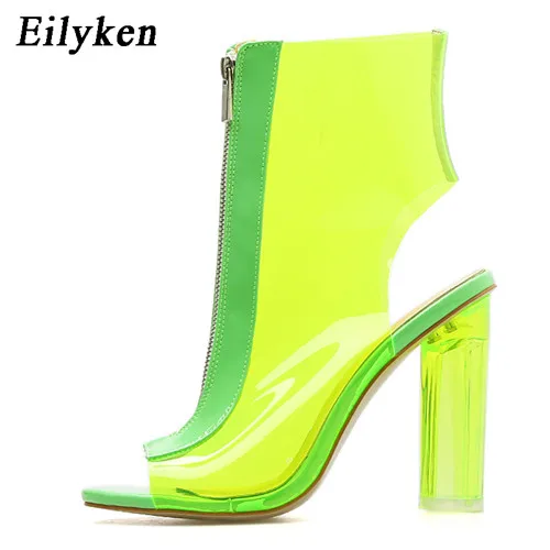 Green Eilyken/летние сапоги; сандалии; прозрачные сандалии-гладиаторы из пвх; пикантная обувь с открытым носком; женские ботильоны на не сужающемся книзу массивном каблуке; босоножки - Цвет: Green